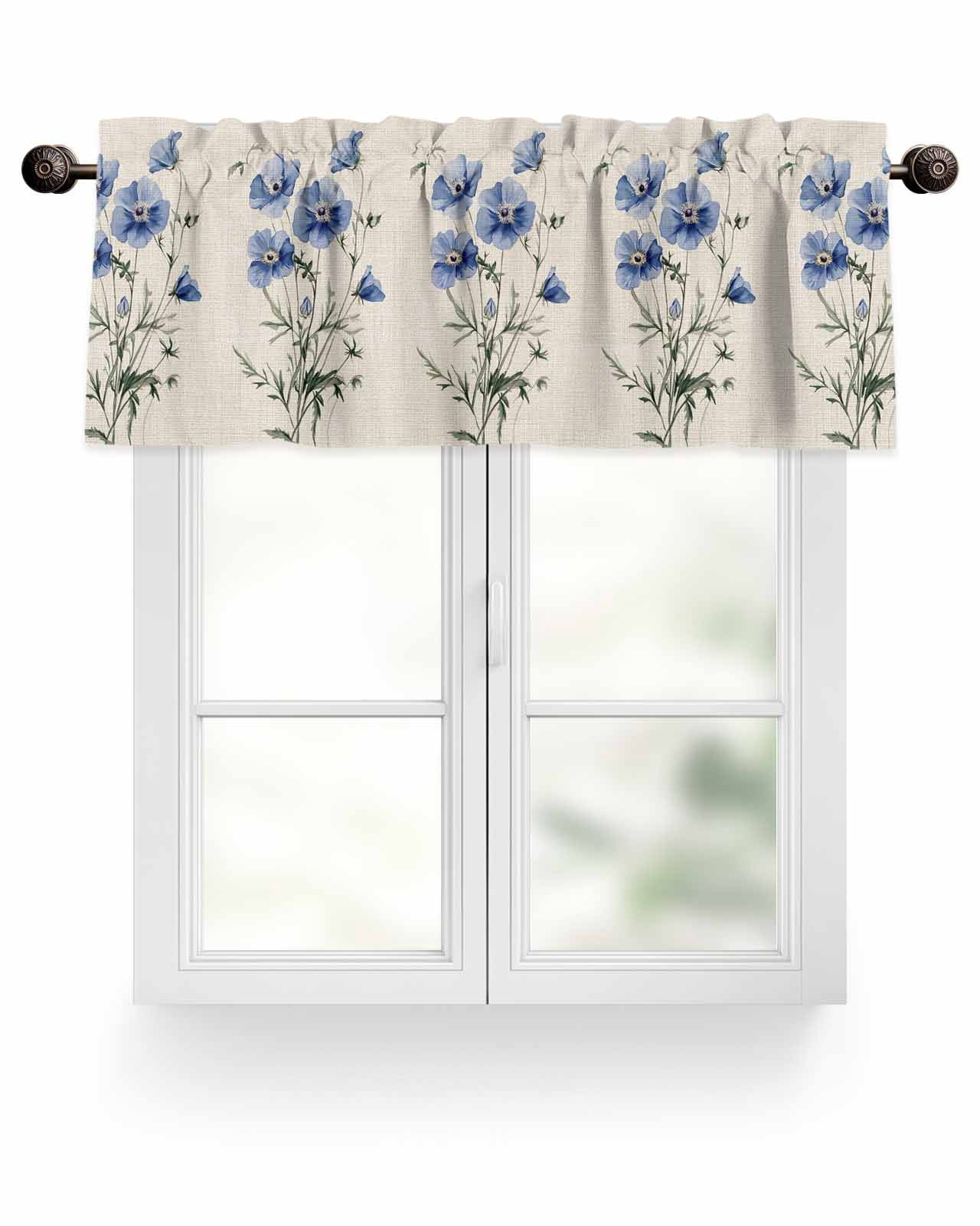 Valances for Windows Blue Flower Leaf Spring Watercolor Floral Linen ...