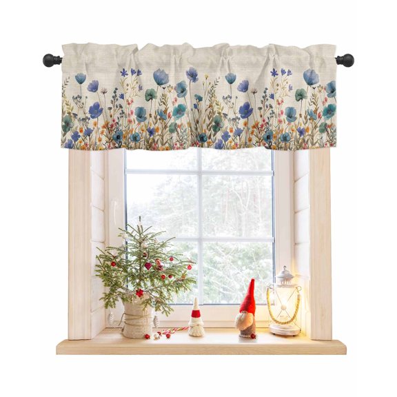 Valances for Windows, Blue Flowers Plants Watercolor Floral Retro Linen Rod Pocket Short Window Valance Curtains Holiday Window Treatment for Kitchen Living Room Bathroom, 54"x18"