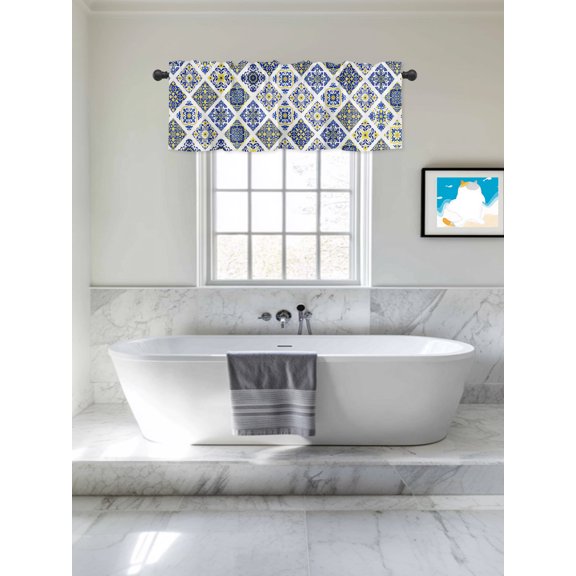 Valances for Windows,Blue Geometric Vintage Pattern Kitchen Curtain Valance Short Rod Pocket Panels Classical Brick Texture Small Window Treatment for Living Room Bedroom Bathroom,42"Wx12"L
