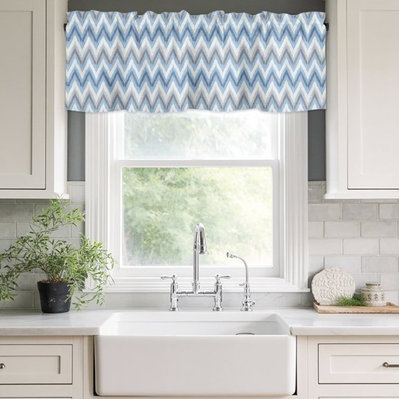 Valances for Windows,Blue Gray Zigzag Chevron Kitchen Curtain Valance Short Rod Pocket Panels Abstract Geometric Water Ripple Small Window Treatment for Living Room Bedroom Bathroom,42"Wx12"L