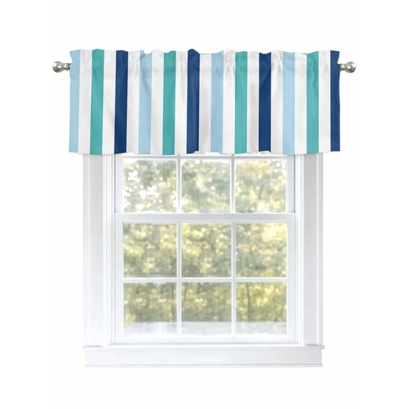 Valances for Windows Blue Green Navy Stripes Rod Pocket Cafe Window Treatments Valance Curtains for Kitchen Bathroom Laundry Basement Windows 42"x12"