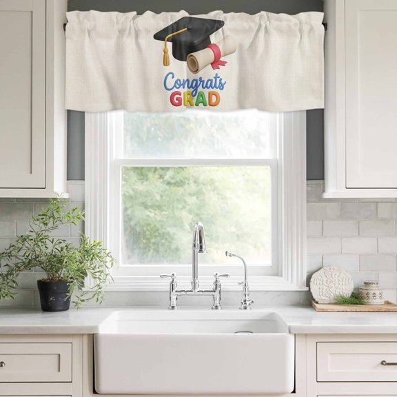Valances for Windows,Cartoon Bachelor's Hat on Beige Kitchen Curtain Valance Short Rod Pocket Panels Congrats Grad Quote Small Window Treatment for Living Room Bedroom Bathroom,42"Wx12"L
