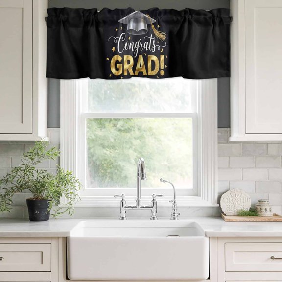 Valances for Windows,Cartoon Bachelor's Hat Star Kitchen Curtain Valance Short Rod Pocket Panels Congrats Grad Quote Small Window Treatment for Living Room Bedroom Bathroom,42"Wx12"L