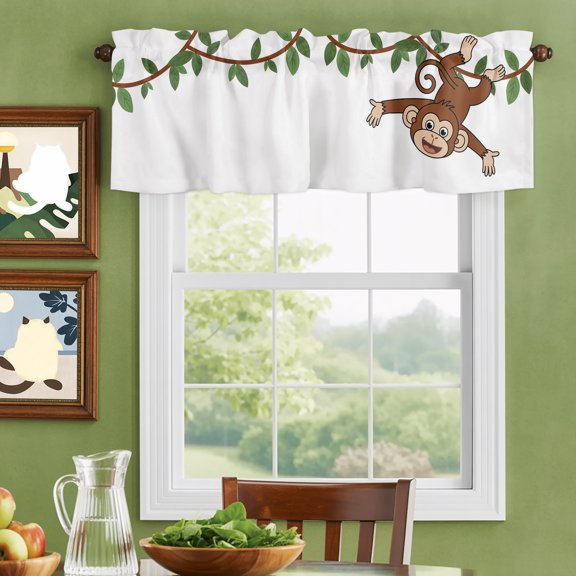 Valances for Windows,Cartoon Funny Monkey Green Leaves on White Kitchen Curtain Valance Short Rod Pocket Panels Country Vine Small Window Treatment for Living Room Bedroom Bathroom,42"Wx12"L