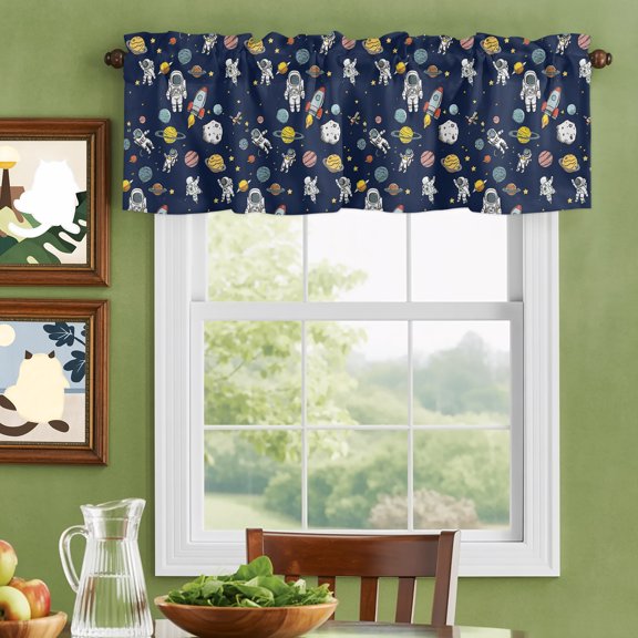 Valances for Windows,Cartoon Rocket Space Planet Kitchen Curtain Valance Short Rod Pocket Panels Mysterious Universe Navy Blue Small Window Treatment for Living Room Bedroom Bathroom,42"Wx12"L