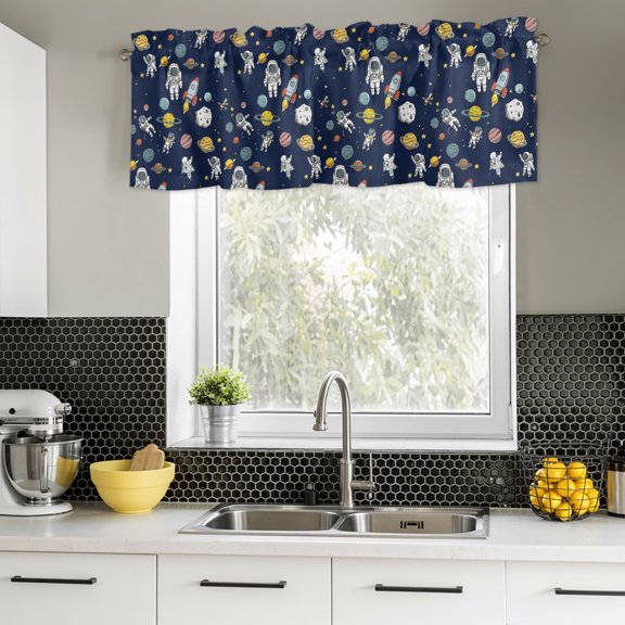 Valances for Windows,Cartoon Rocket Space Planet Kitchen Curtain Valance Short Rod Pocket Panels Mysterious Universe Navy Blue Small Window Treatment for Living Room Bedroom Bathroom,42"Wx18"L