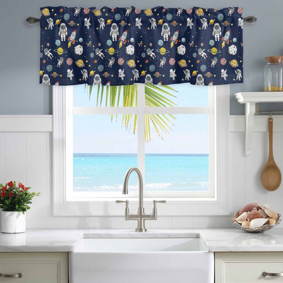 Valances for Windows Cartoon Rocket Space Planet Rod Pocket Short Curtain for Bathroom Living Room Bedroom Mysterious Universe Navy Blue 1 Panel 42x12in