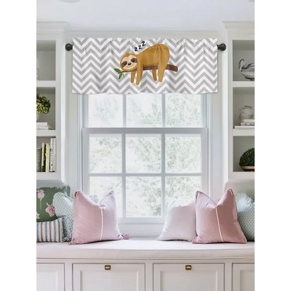 Valances for Windows,Cartoon Sloth Tree Branch Kitchen Curtain Valance Short Rod Pocket Panels Gray Chevron Stripe Animal Small Window Treatment for Living Room Bedroom Bathroom,42"Wx12"L