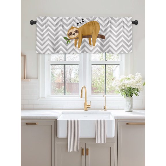 Valances for Windows,Cartoon Sloth Tree Branch Kitchen Curtain Valance Short Rod Pocket Panels Gray Chevron Stripe Animal Small Window Treatment for Living Room Bedroom Bathroom,54"Wx18"L