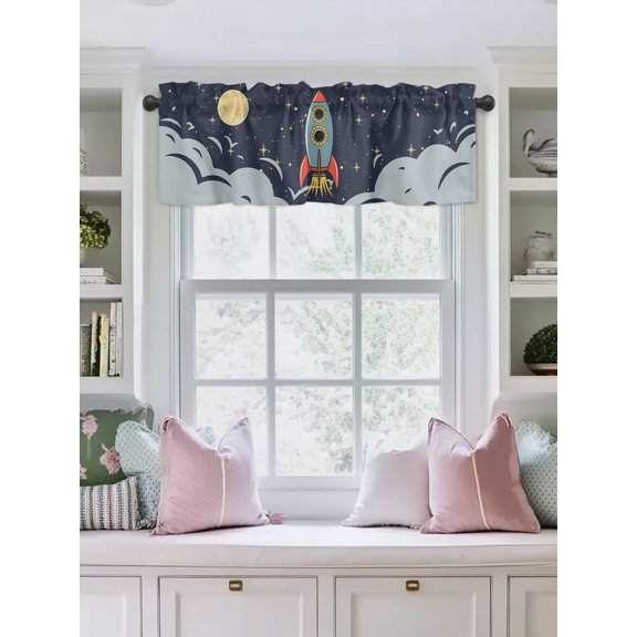 Valances for Windows,Cartoon Space Rocket Launch Stars and Moon Kitchen Curtain Valance Short Rod Pocket Panels Outer Planet Small Window Treatment for Living Room Bedroom Bathroom,42"Wx12"L