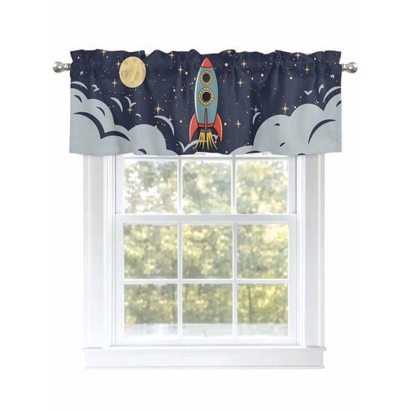 Valances for Windows Cartoon Space Rocket Launch Stars and Moon Rod Pocket Short Curtain for Bathroom Living Room Bedroom Outer Planet 1 Panel 42x12in