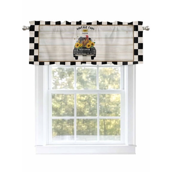 Valances for Windows Chicken Old-fashioned Trucks on Vintage Rod Pocket Short Curtain for Bathroom Living Room Bedroom Farm Buffalo Plaid 1 Panel 54x18in
