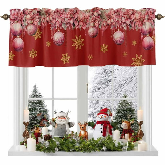 Valances for Windows Christmas Ball Poinsettia Red Rod Pocket Short Curtain for bathroom living room bedroom Golden Winter Snowflake Retro Linen 1 Panel 54x18in