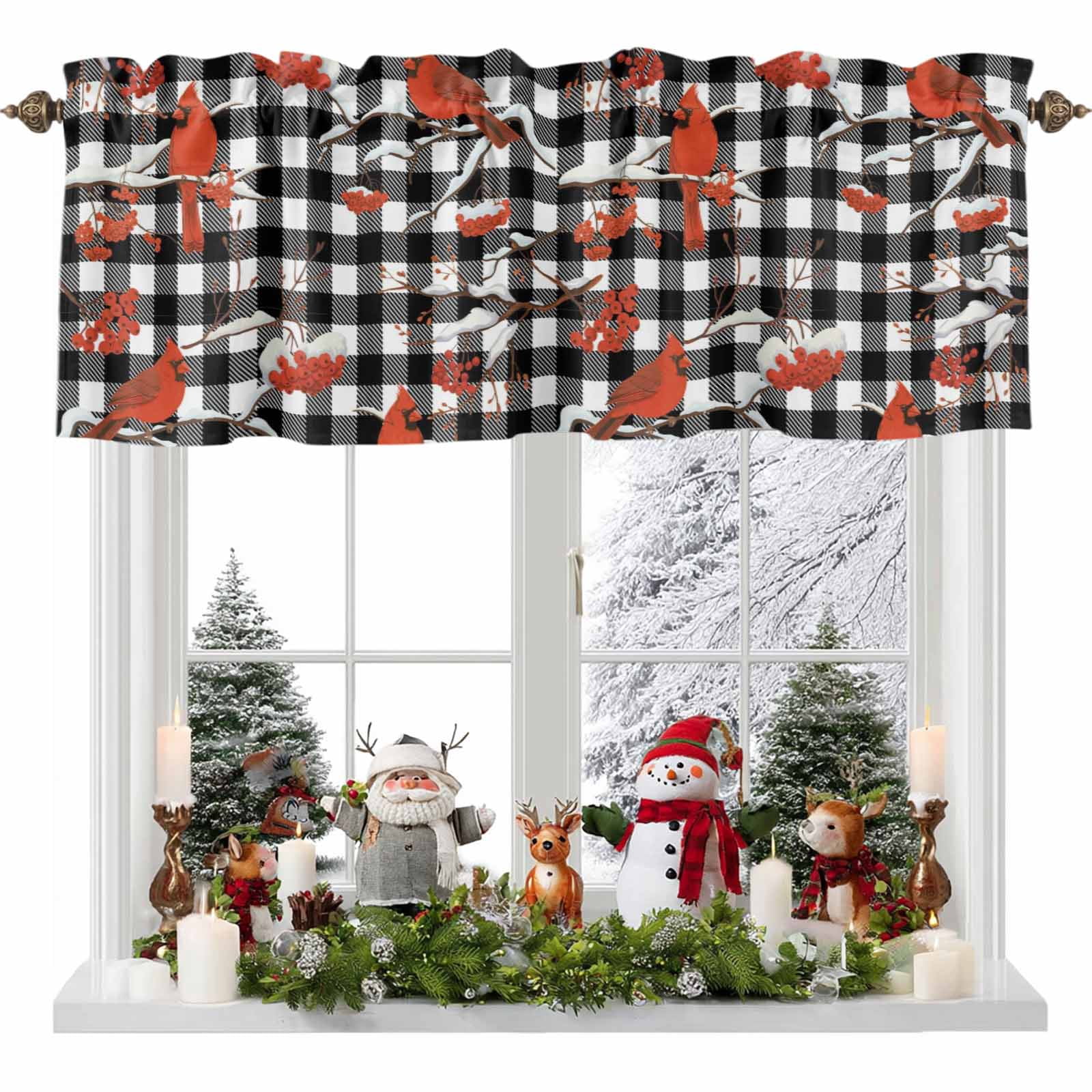 Valances for Windows Christmas Cardinal Bird Leaf Rod Pocket Cafe ...