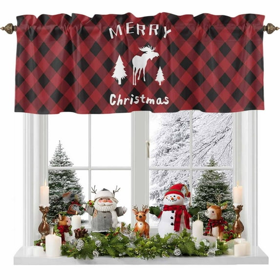 Valances for Windows Christmas Elk Animal Tree Red Buffalo Plaid Rod Pocket Short Curtain for bathroom living room bedroom White Shadow Black Check 1 Panel 54x18in