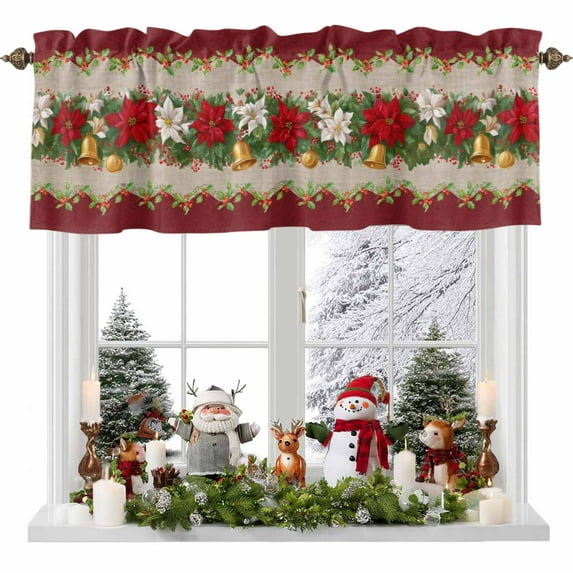 Valances for Windows Christmas Poinsettia Rod Pocket Cafe Window Treatments Valance Curtains for Kitchen Bathroom Laundry Basement Windows 42"x12"