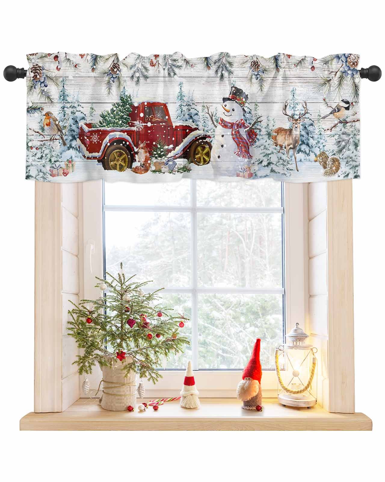 Valances for Windows, Christmas Red Snowman Truck Xmas Tree Robin Gifts