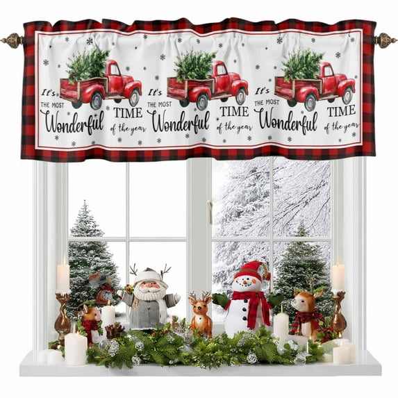 Valances for Windows Christmas Red Truck Leaf Rod Pocket Cafe Window Treatments Valance Curtains for Kitchen Bathroom Laundry Basement Windows 56"x16"