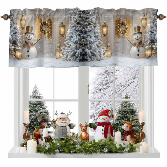 Valances for Windows Christmas Snowman Colorful Wreath Door Rod Pocket Short Curtain for bathroom living room bedroom Pine Tree with Snow 1 Panel 42x12in