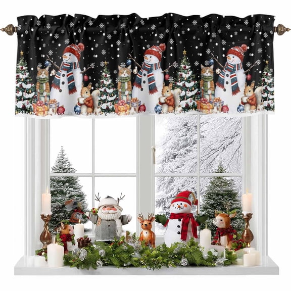 Valances for Windows Christmas Snowman Xmas Tree Squirrel Cat on Black Rod Pocket Short Curtain for bathroom living room bedroom Winter Snow Scene 1 Panel 42x12in