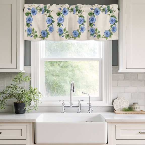 Valances for Windows,Classical Gradient Blue Wreath Kitchen Curtain Valance Short Rod Pocket Panels Spring Watercolor Botanical Small Window Treatment for Living Room Bedroom Bathroom,42"Wx12"L