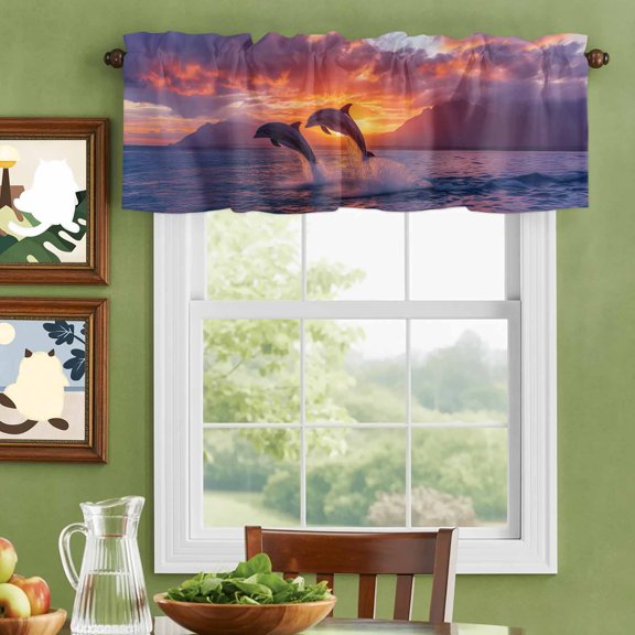 Valances for Windows,Coastal Ocean Dolphins Sunset Kitchen Curtain Valance Short Rod Pocket Panels Summer Seaside Natural Scenery Small Window Treatment for Living Room Bedroom Bathroom,42"Wx12"L