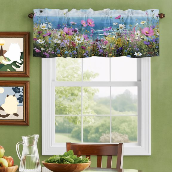 Valances for Windows,Coastal Watercolor Wildflowers Kitchen Curtain Valance Short Rod Pocket Panels Blue Sky White Clouds Small Window Treatment for Living Room Bedroom Bathroom,42"Wx12"L