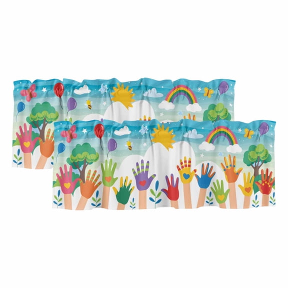 Valances for Windows, Colorful Love Heart Hand Kitchen Curtains Valances 2 Pack for Living Room Bedroom Bathroom, Rainbow Sky Cartoon Kids Hands Light Filtering Curtains Rod Pocket Valance 42"x12"