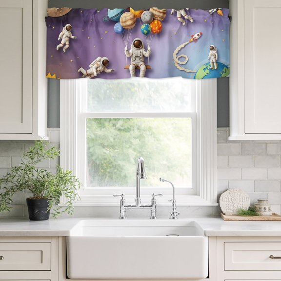 Valances for Windows,Cosmonaut Planet Balloon Space Shuttle Kitchen Curtain Valance Short Rod Pocket Panels Cartoon Outer Space Star Small Window Treatment for Living Room Bedroom Bathroom,42"Wx12"L