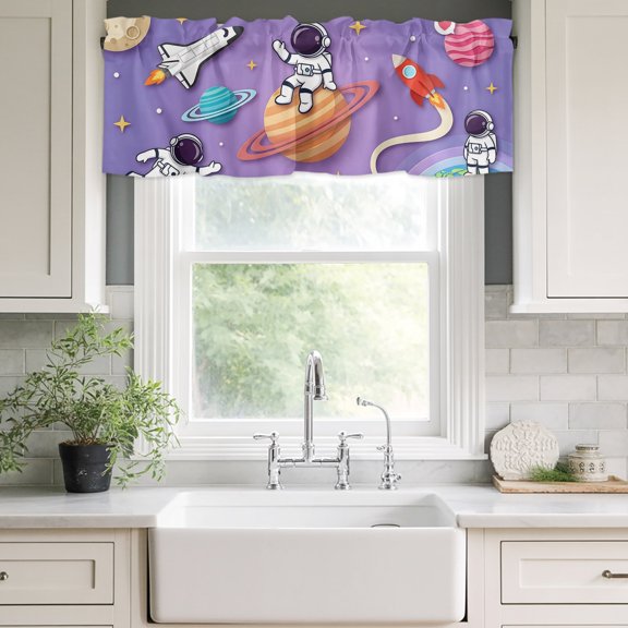 Valances for Windows,Cosmonaut Planet Rocket Ship Kitchen Curtain Valance Short Rod Pocket Panels Cartoon Outer Space Purple Small Window Treatment for Living Room Bedroom Bathroom,42"Wx12"L