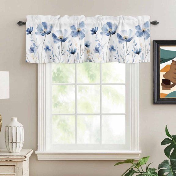 Valances for Windows,Country Blue Flower Watercolor Gradient Kitchen Curtain Valance Short Rod Pocket Panels Classical Flower Art Small Window Treatment for Living Room Bedroom Bathroom,54"Wx18"L