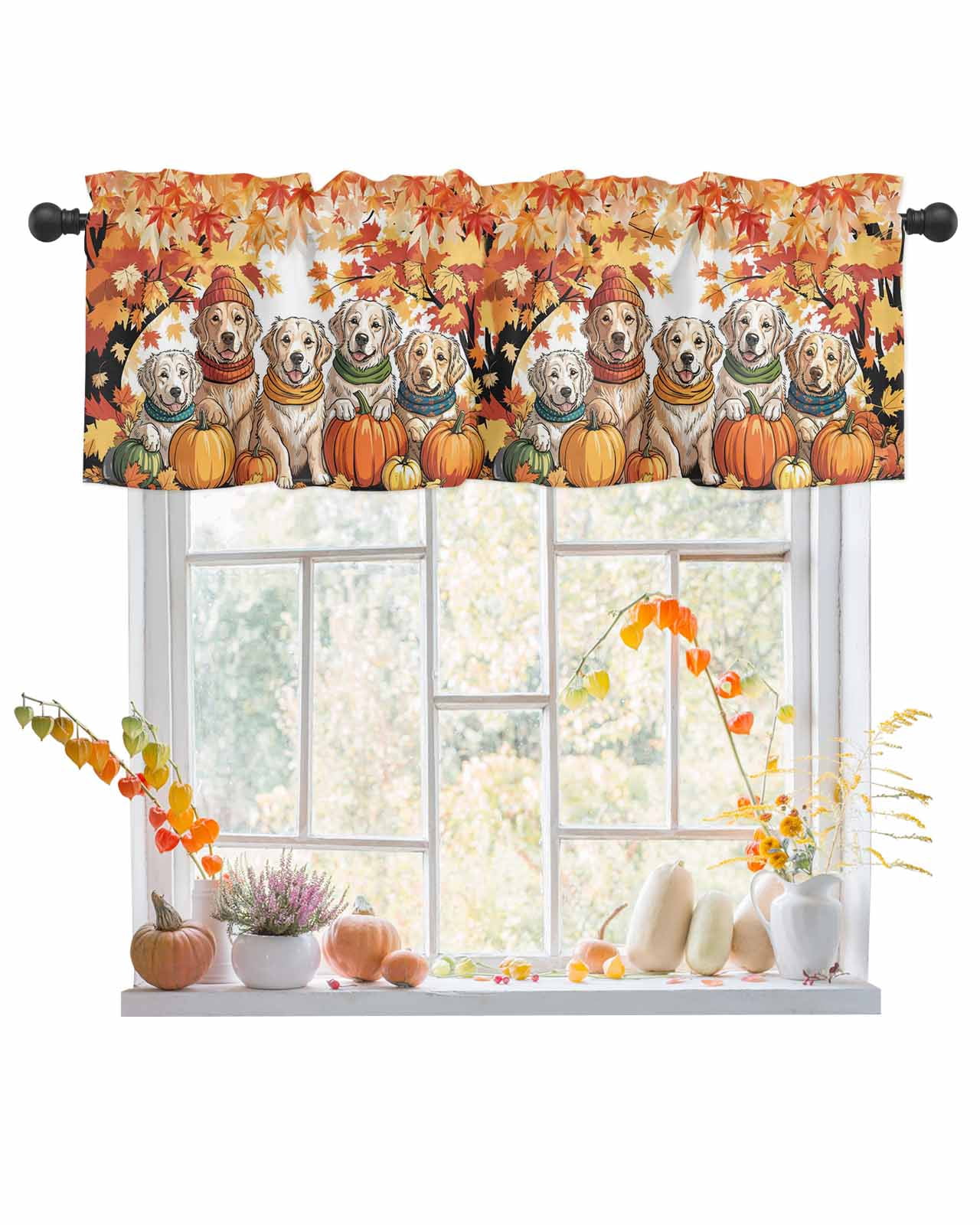 Valances for Windows, Cute Puppy Fall Pumpkin Animal Watercolor Maple ...