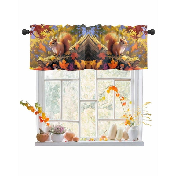 Valances for Windows, Cute Squirrel Maple Leaves in Fall Rod Pocket Short Window Valance Curtains Holiday Window Treatment for Kitchen Living Room Bathroom, 42"x12"