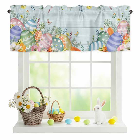 Valances for Windows Easter Colorful Egg Wood Board Rod Pocket Short Curtain for Bathroom Living Room Bedroom Spring Flower Leaf Butterfly 1 Panel 42x12in