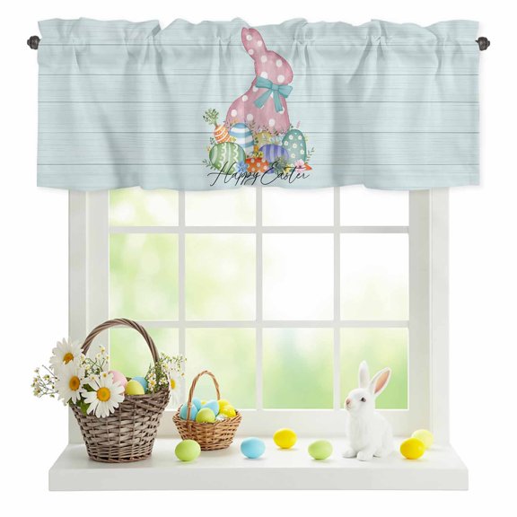 Valances for Windows Easter Egg Bunny Pink Polka Dot Rod Pocket Short Curtain for Bathroom Living Room Bedroom Blue Plank Happy Easter 1 Panel 42x12in