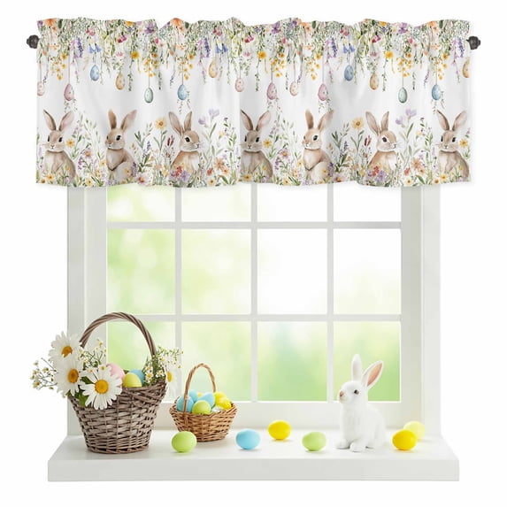 Valances for Windows Easter Egg Rabbit Blossom Wildflower Rod Pocket Short Curtain for Bathroom Living Room Bedroom Colorful Floral Foliage 1 Panel 42x12in