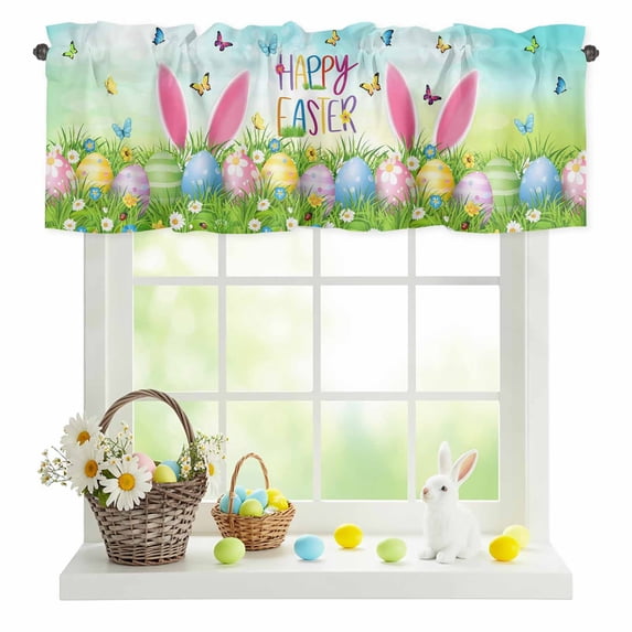 Valances for Windows Easter Egg Rabbit Ear Rod Pocket Short Curtain for Bathroom Living Room Bedroom Spring Pastoral Butterfly Daisy Flower 1 Panel 54x18in
