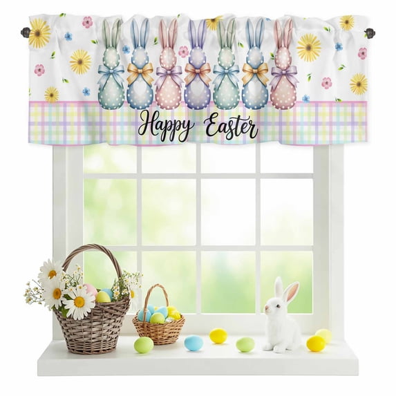 Valances for Windows Easter Polka Dot Bow Rabbit Rod Pocket Short Curtain for Bathroom Living Room Bedroom Spring Flower Colorful Check 1 Panel 42x12in