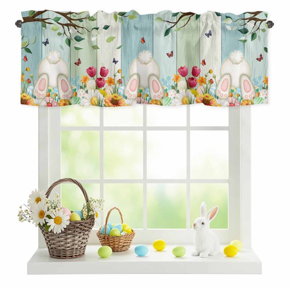 Valances for Windows Easter Rabbit Butt Eggs Spring Floral Rod Pocket Short Curtain for Bathroom Living Room Bedroom Green Leaf on Wood Board 1 Panel 42x12in