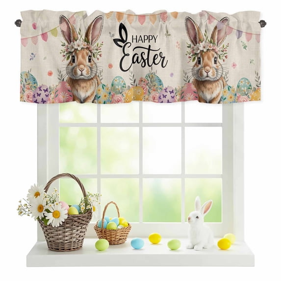 Valances for Windows Easter Rabbit Colorful Egg Rod Pocket Short Curtain for Bathroom Living Room Bedroom Spring Flower Retro Linen Texture 1 Panel 54x18in