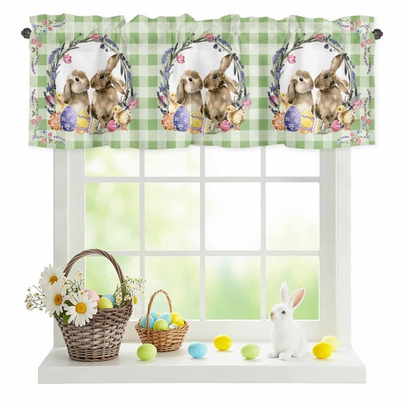 Valances for Windows Easter Rabbit Colorful Eggs Chicken Rod Pocket Short Curtain for Bathroom Living Room Bedroom Spring Florals on Green Lattice 1 Panel 42x12in