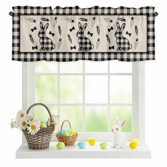 Valances for Windows Easter Rabbit Retro Linen Rod Pocket Short Curtain for Bathroom Living Room Bedroom Buffalo Plaid Bunny Carrot Bow 1 Panel 42x12in