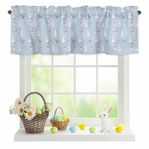 Valances for Windows Easter Rabbits Carrots on Blue Rod Pocket Short Curtain for Bathroom Living Room Bedroom Pink Love Heart Gift Boxes 1 Panel 42x12in