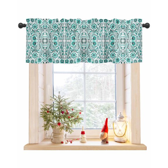 Valances for Windows, Ethnic Style Vintage Flowers Teal Cyan Floral Rod Pocket Short Window Valance Curtains Holiday Window Treatment for Kitchen Living Room Bathroom, 54"x18"