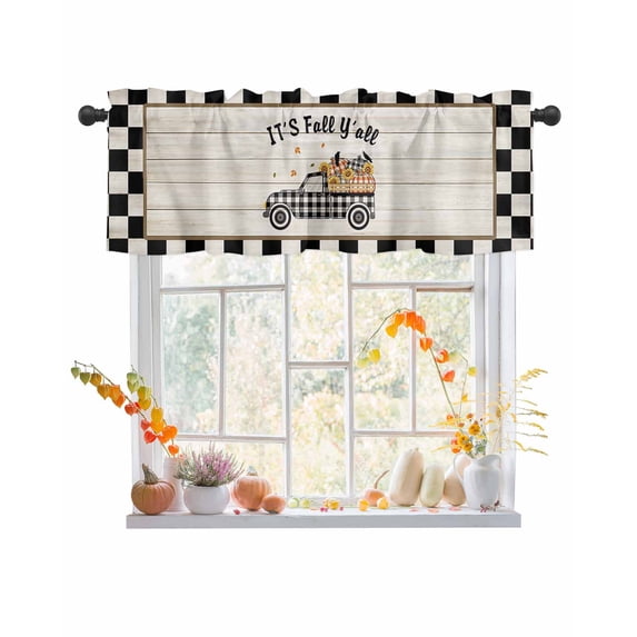 Valances for Windows Fall Harvest Thanksgiving Day Black Truck Pumpkin Wood Grain Rod Pocket Cafe Window Treatments Valance Curtains for Kitchen Bathroom Laundry Basement Windows 42"x12"