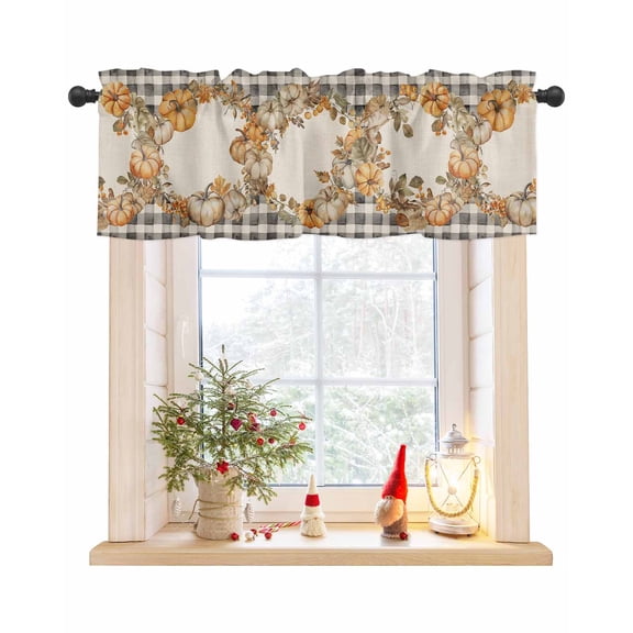 Valances for Windows, Fall Plants Pumpkin Leaves Wreath Black Plaid Linen Rod Pocket Short Window Valance Curtains Holiday Window Treatment for Kitchen Living Room Bathroom, 42"x12"