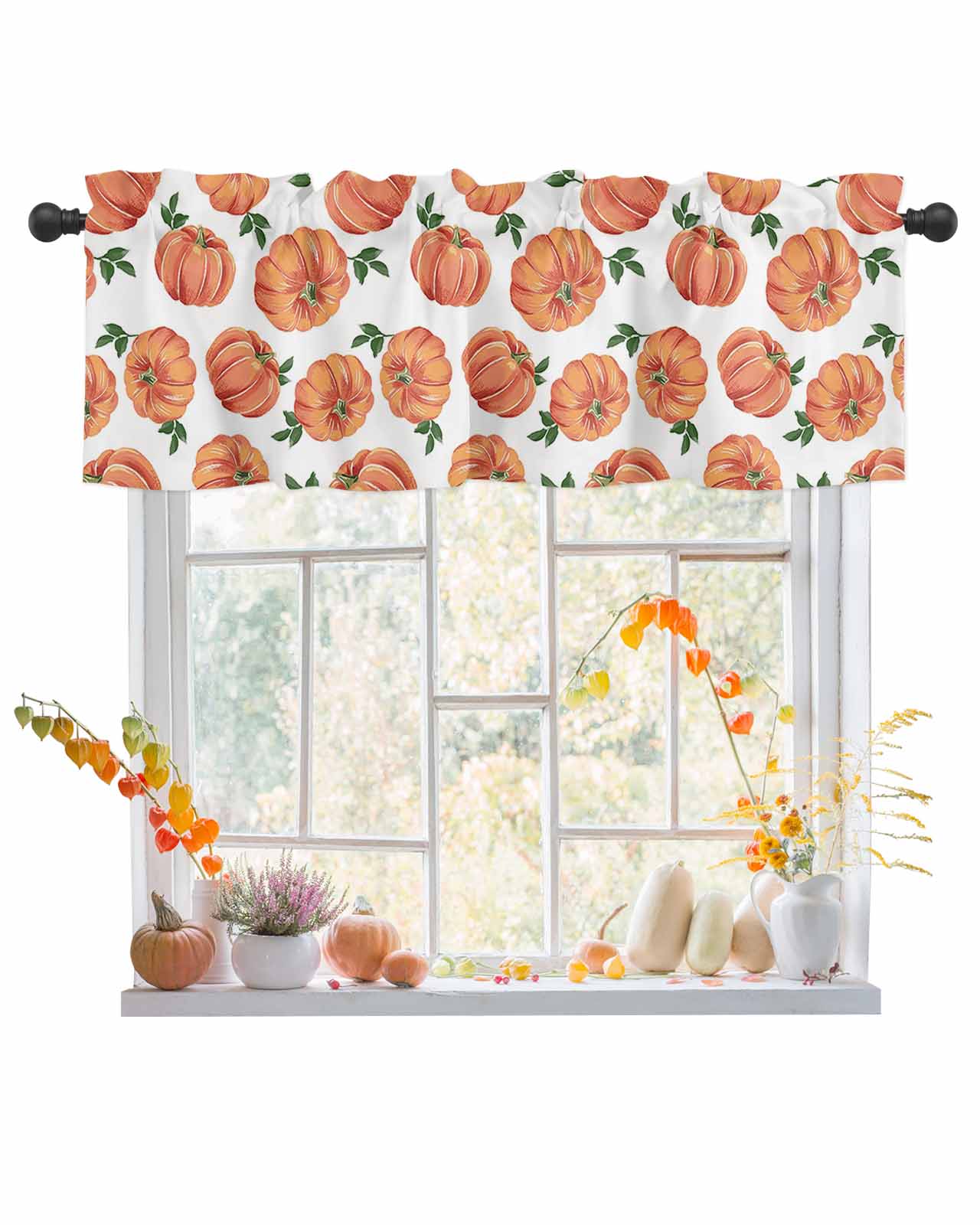 Valances for Windows Fall Pumpkin Green Leaves White Leaf Rod Pocket ...