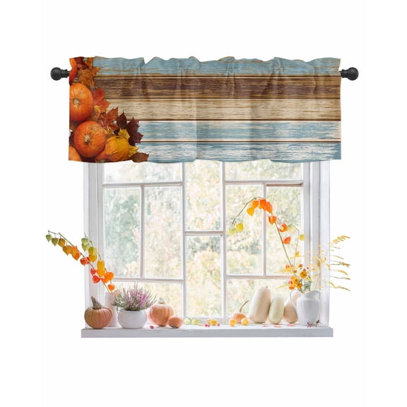 Valances for Windows Fall Pumpkins Maple Leaves Brown and Blue Wood Grain Rod Pocket Cafe Window Treatments Valance Curtains for Kitchen Bathroom Laundry Basement Windows 56"x16"