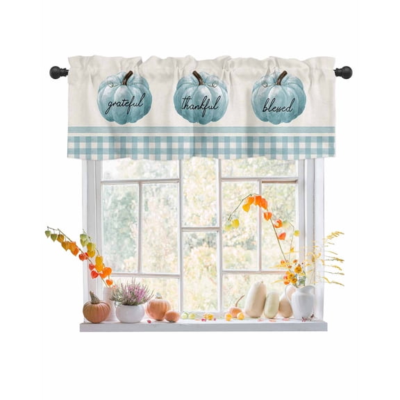Valances for Windows Fall Thanksgiving Blue Pumpkin Grateful Thankful Blessed Plaid Rod Pocket Cafe Window Treatments Valance Curtains for Kitchen Bathroom Laundry Basement Windows 42"x12"