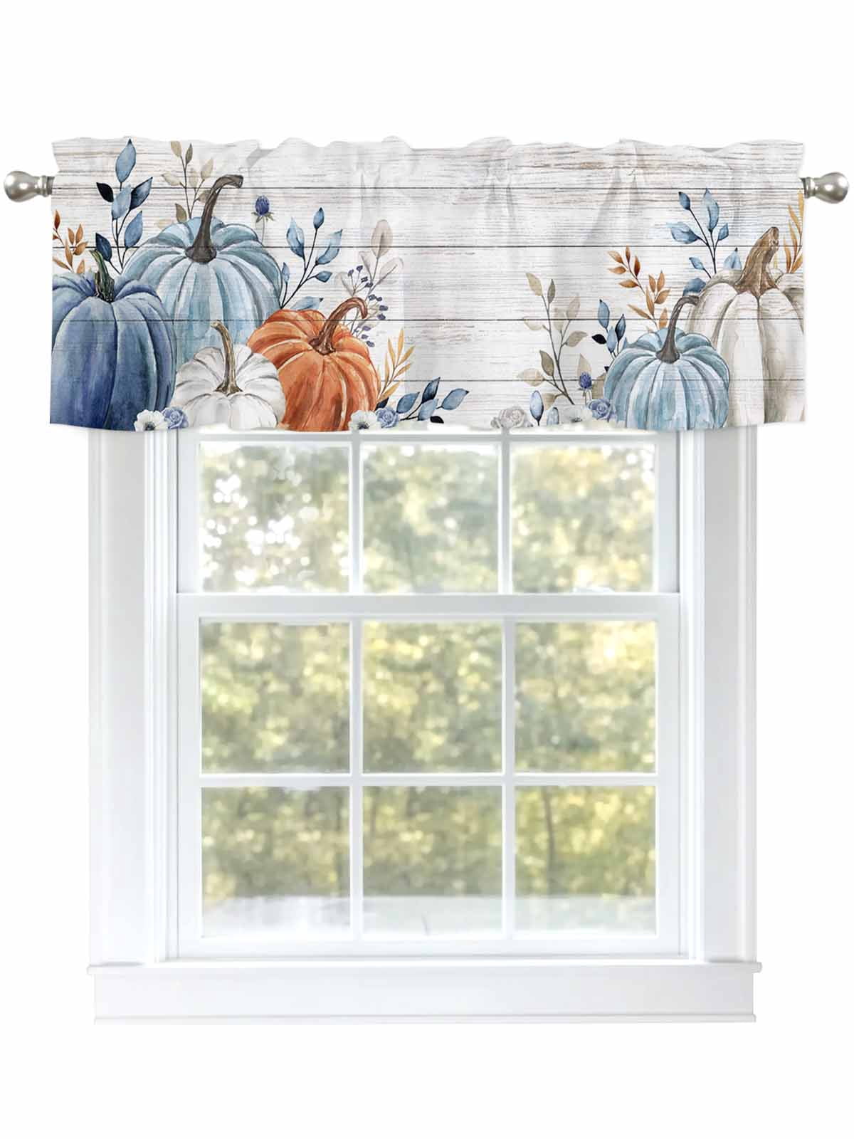 Fall Color Valances Valances for Windows Fall Thanksgiving Blue Pumpkin Watercolor Leaves ...